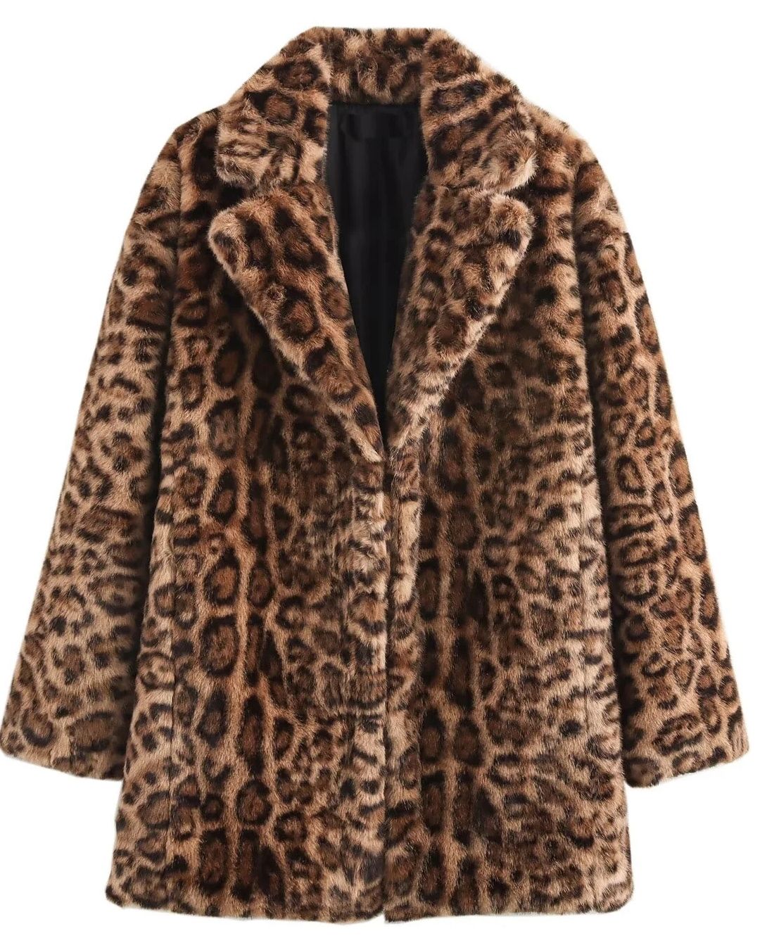 Leopard Faux Fur Mantel mit breitem Reverskragen in Braun, luxuriöser Kunstfellmantel in eleganter Frontansicht